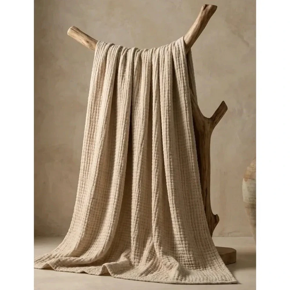 The Fleece Company 100% Muslin Cotton Throw Blanket Light Beige 130x150cm NEW